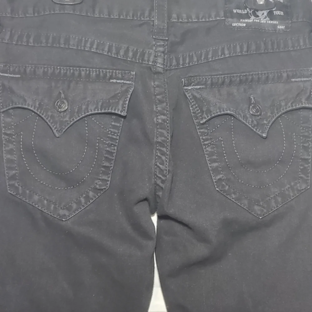 True Religion Ricky‎ Straight Denim Jeans Jet Black w/Flaps 32x35 Super T Stitch